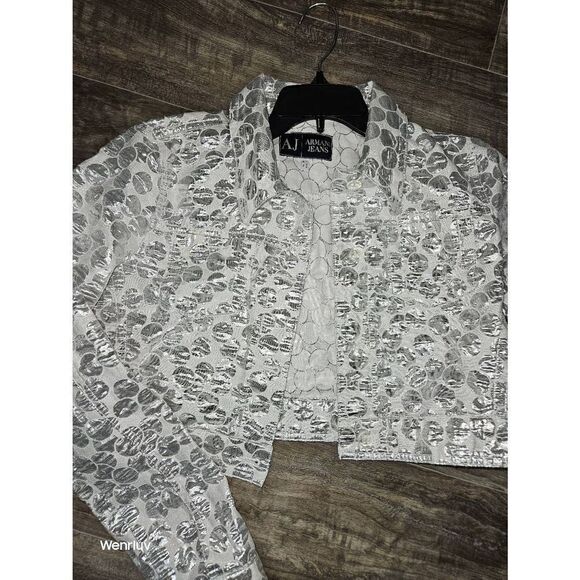 AJ Armani Jeans Cropped Fashion Jacket Rare Silver Chrome Abstract - Picture 1 of 7